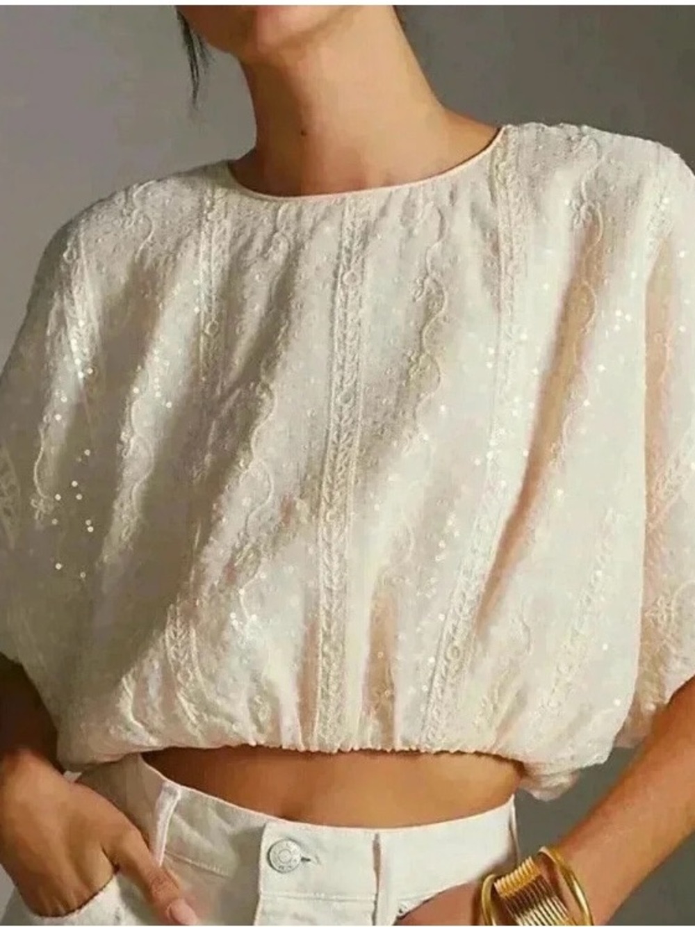 Anthropologie Endless Rose Cream Lace Sequin Crop Top